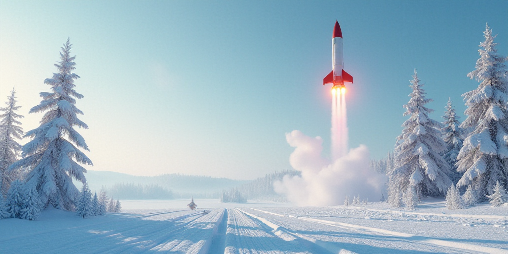 a rocket is flying over a snowy field with trees in the background and a snow covered field with a s