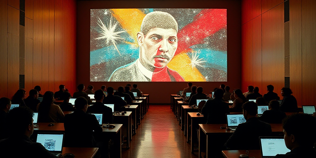 a room full of people sitting at desks with laptops on them and a large screen above them, David Alf