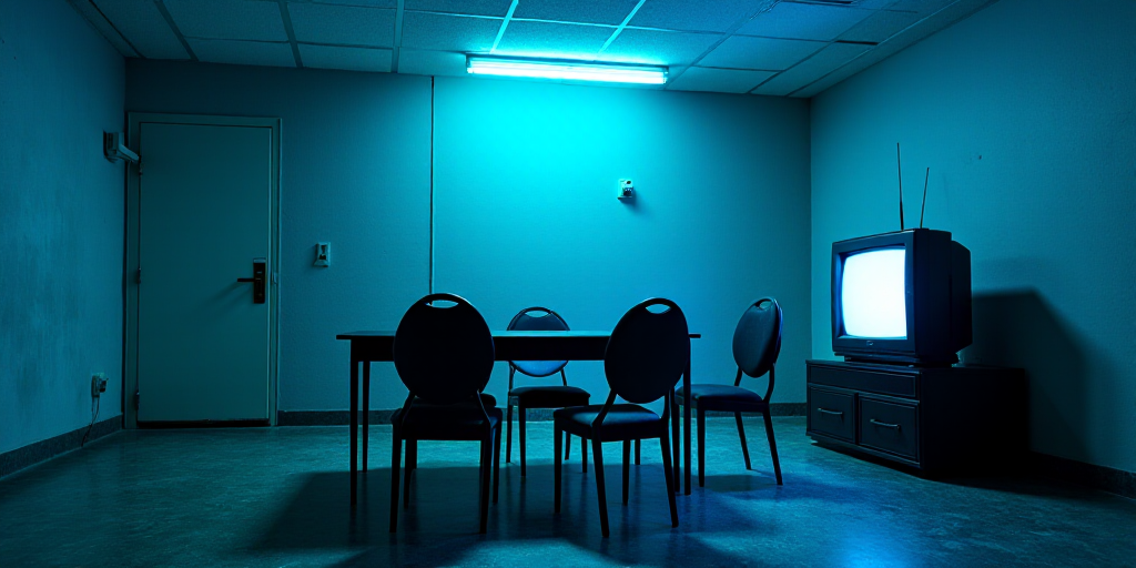 a room with a table and chairs and a television set in it and a blue light coming from the ceiling,