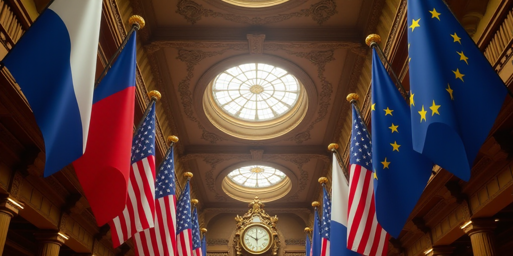 a row of american and european flags hanging from a ceiling in a building with a clock in the backgr