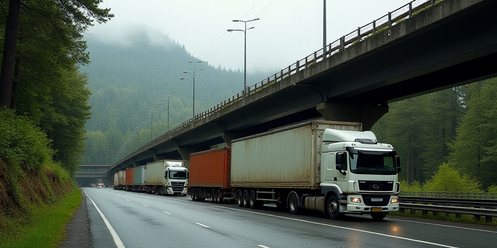 a row of trucks parked under a bridge on a road near a forest of trees and a bridge over a street, A