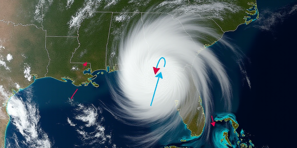 a satellite image of a hurricane with a line of blue arrows pointing towards the top of the image an