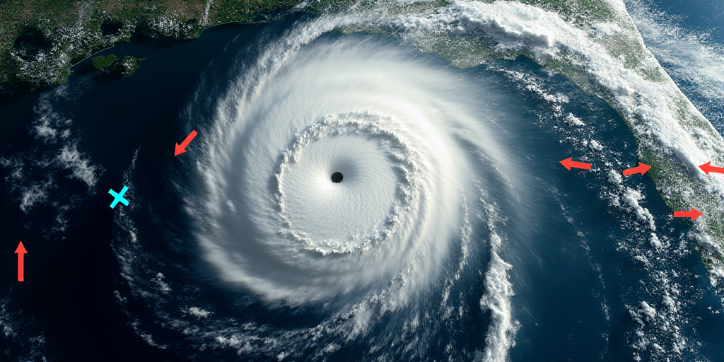 a satellite image of a hurricane with a line of blue arrows pointing towards the top of the image an
