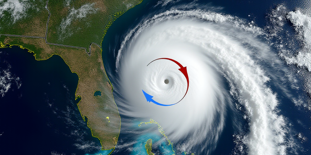 a satellite image of a hurricane with a line of blue arrows pointing to the top of the image and a l