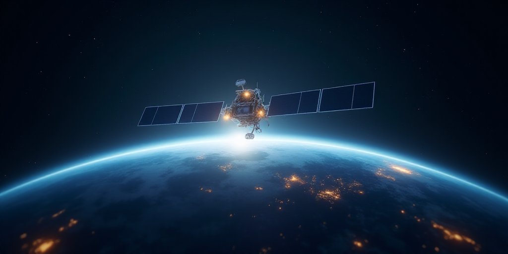 a satellite satellite flying over the earth at night with lights on it's side and a bright light shi