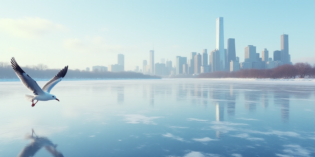 a seagull flying over a frozen lake in front of a city skyline with skyscrapers and skyscrapers, Dav