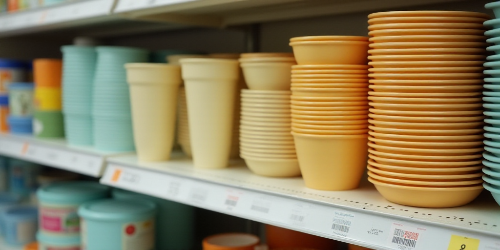 a shelf with some cups and plates on it in a store aisle with tags on them that say tupperware, Alle