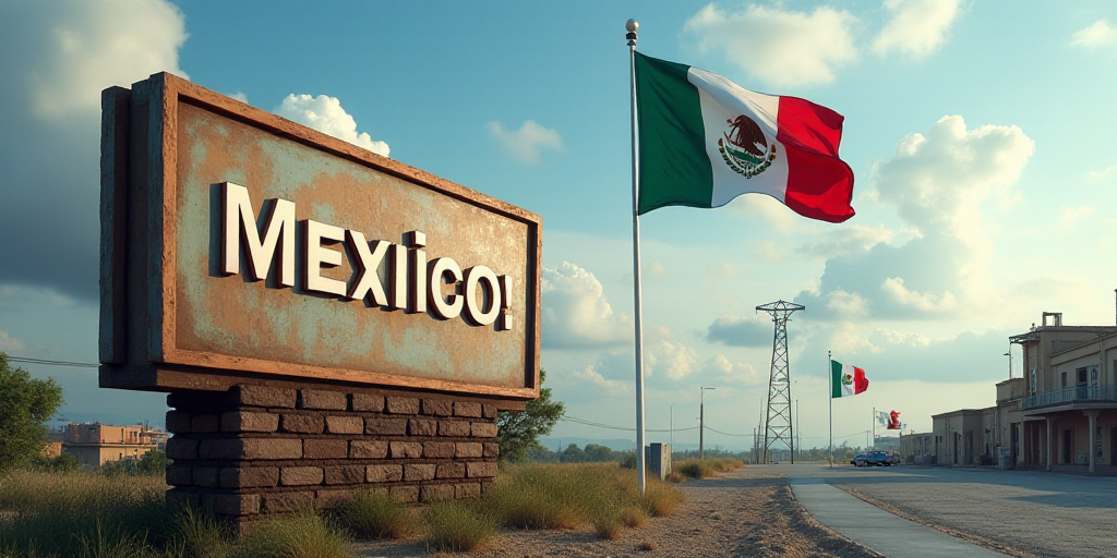 a sign for a company in front of a building with flags flying in the wind in mexico, and a flag flyi