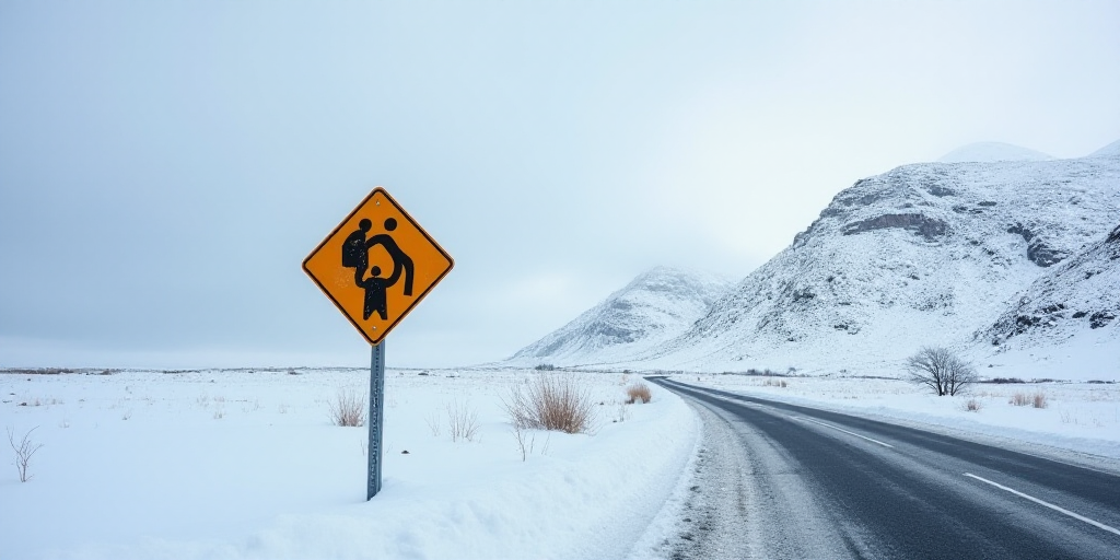 a sign on the side of a road in the snow near a mountain range with a snow covered hill in the backg