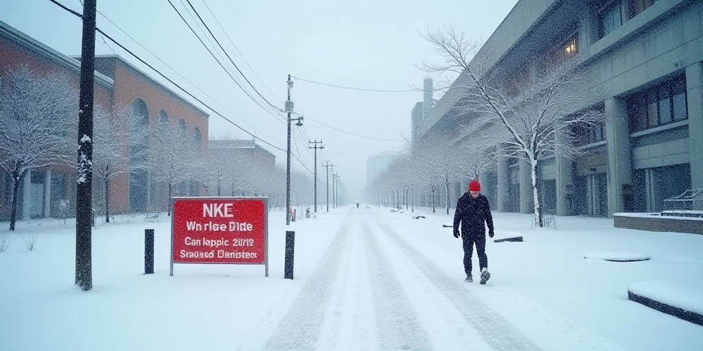 a sign that is on the snow near a building and a person walking by it in the snow near a building, A