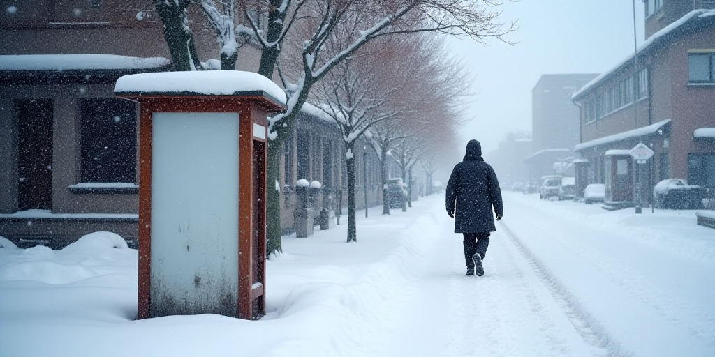 a sign that is on the snow near a building and a person walking by it in the snow near a building, A