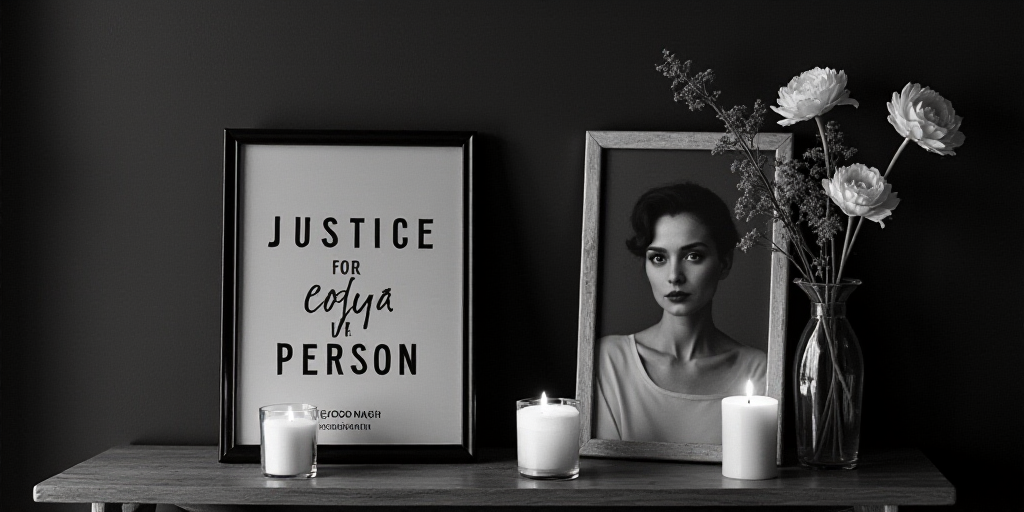 a sign that reads justice for a person with a nice good night next to candles and flowers with a pic