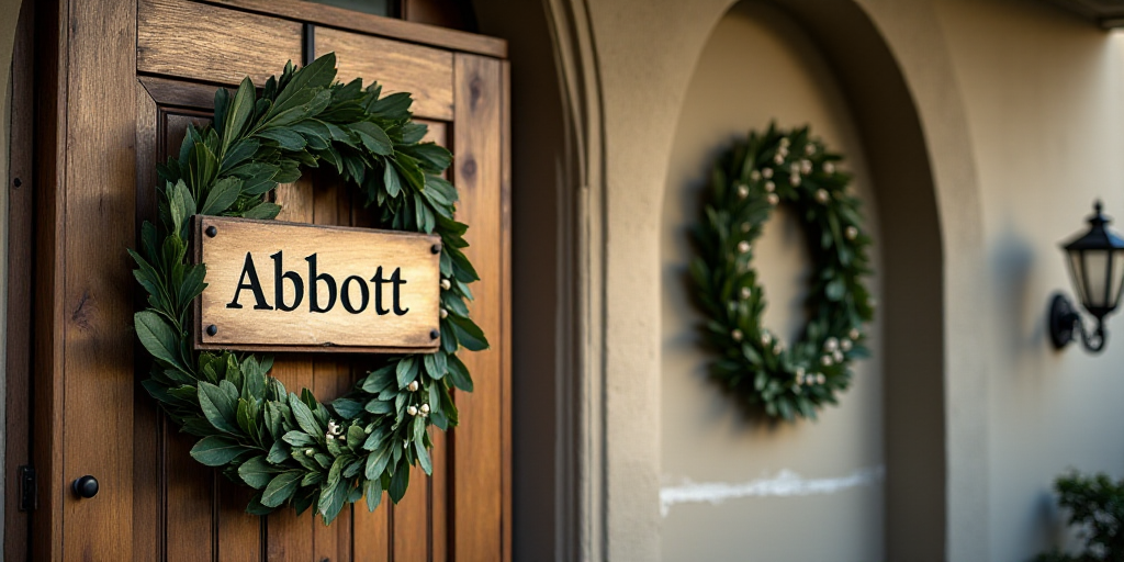 a sign that says abbott with a wreath on it and a wreath on the wall behind it that says abbott, Alb