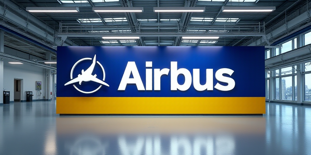 a sign that says airbus on it in a building with a yellow and blue background and a white logo, Albe