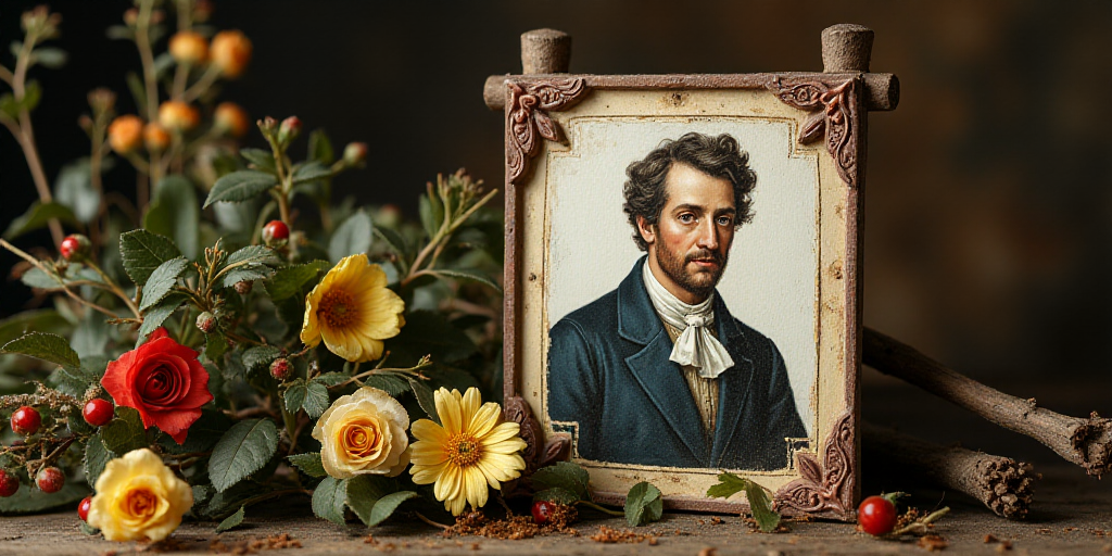 a sign with a picture of a man on it next to flowers and a bunch of twigs with a stick of twigs, Ale