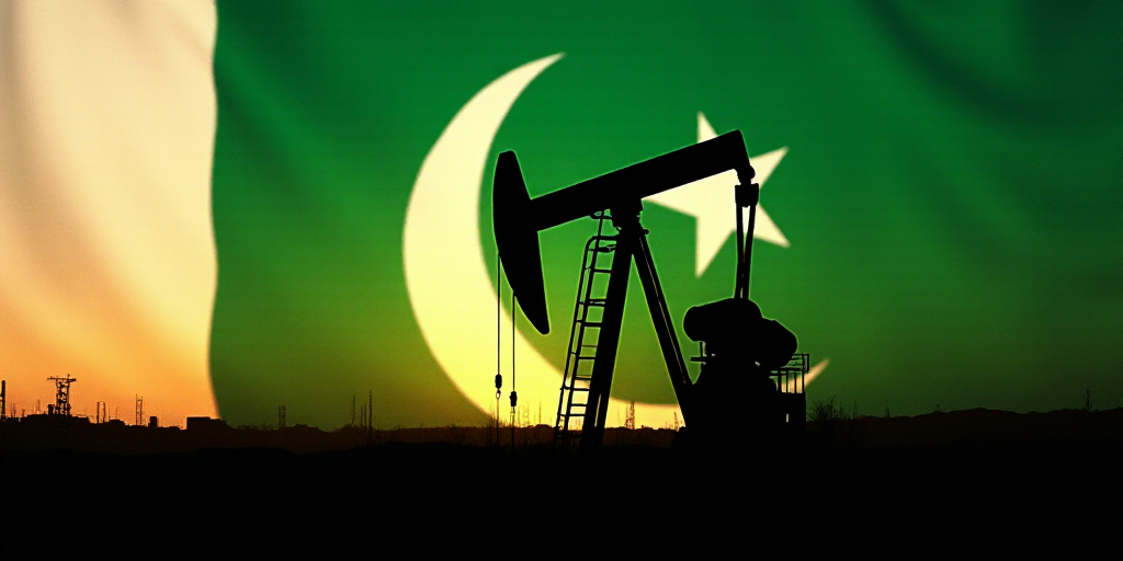 a silhouette of a pump jack in front of a flag of the united states of pakistan and the oil industry