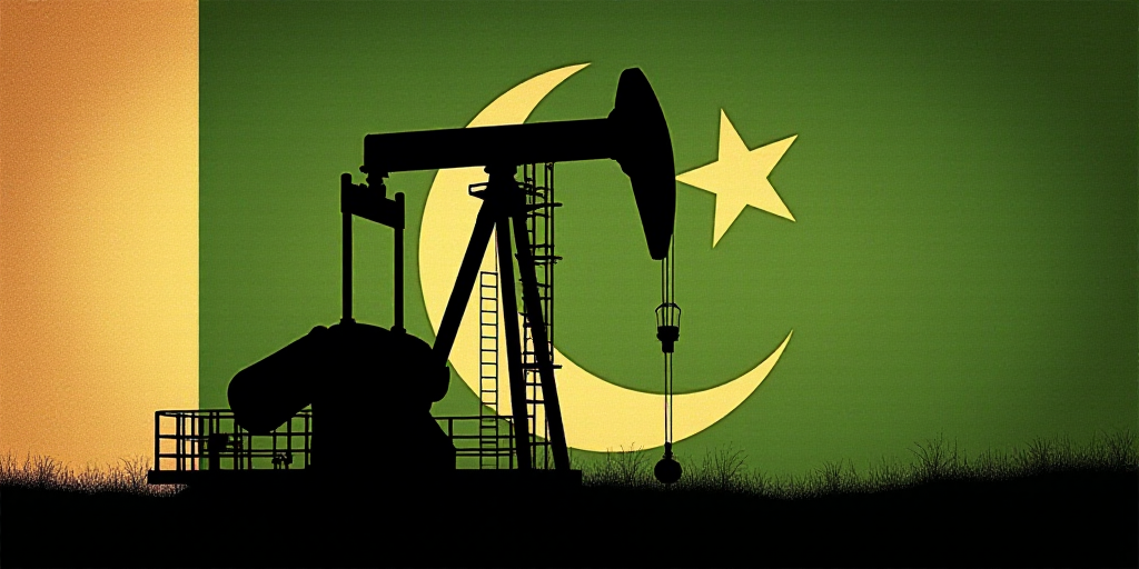 a silhouette of a pump jack in front of a flag of the united states of pakistan and the oil industry