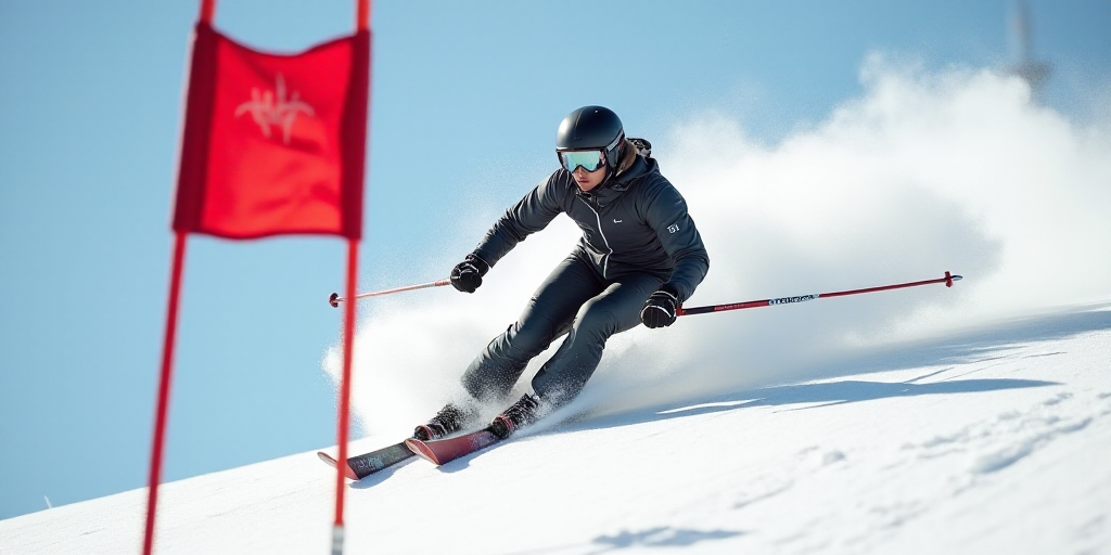 a skier is racing down a snowy hill with a flag in the background and a flag in the foreground, Davi