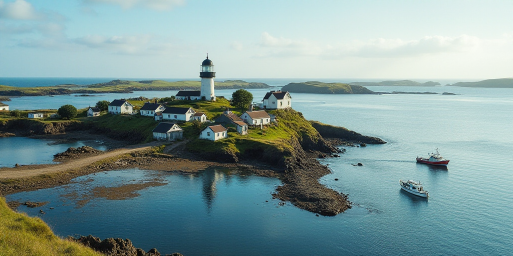 a small town on a small island with a boat in the water and a few houses on the shore, Bascove, awar