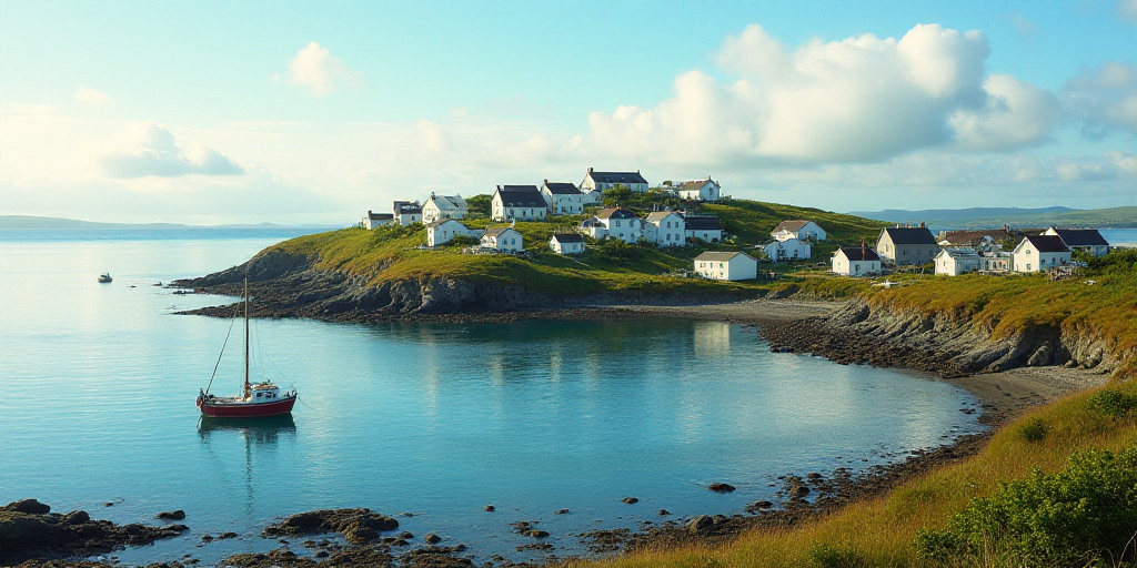 a small town on a small island with a boat in the water and a few houses on the shore, Bascove, awar