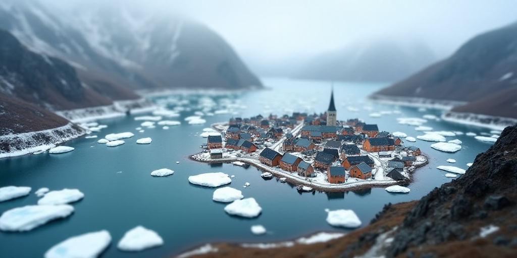 a small town surrounded by mountains and water with icebergs floating in the water and snow on the g