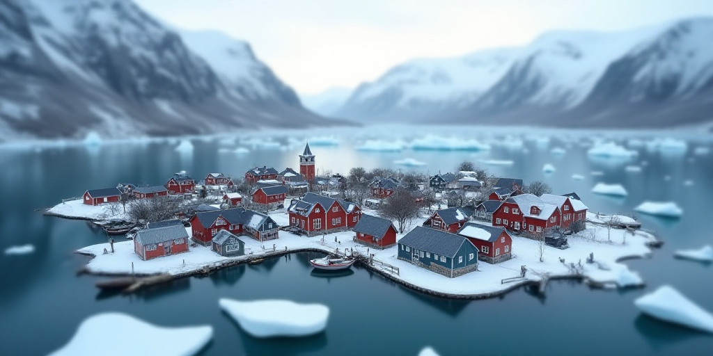 a small town surrounded by mountains and water with icebergs floating in the water and snow on the g