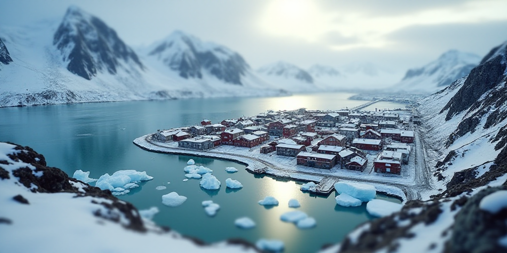 a small town surrounded by mountains and water with icebergs floating in the water and snow on the g