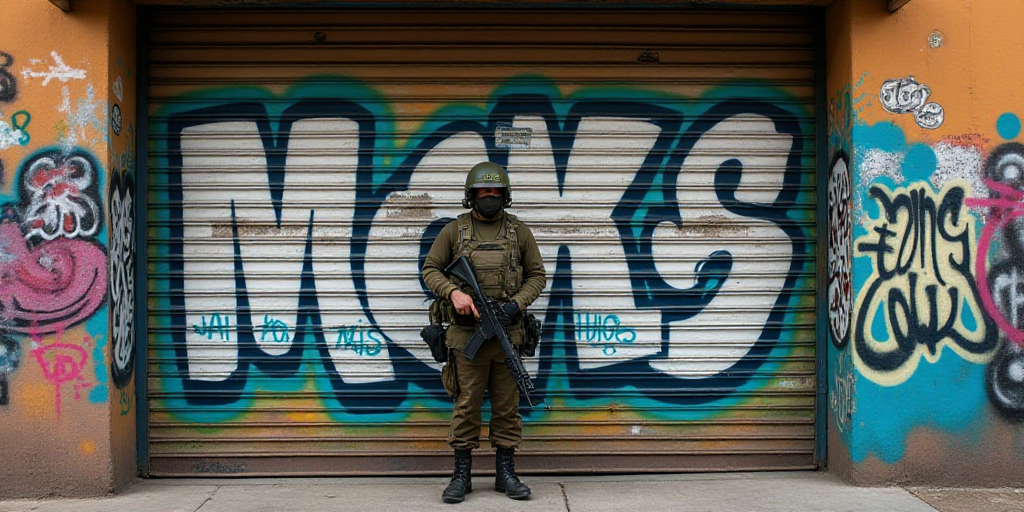 a soldier standing in front of a graffiti covered garage door with a gun in his hand and a helmet on
