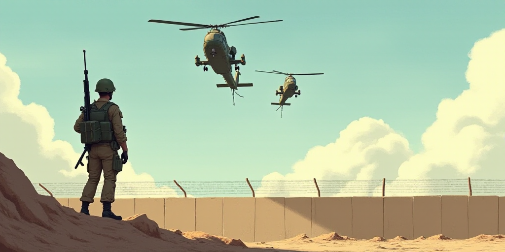 a soldier watches as two helicopters fly overhead in the sky above a wall and a wall barrier with a