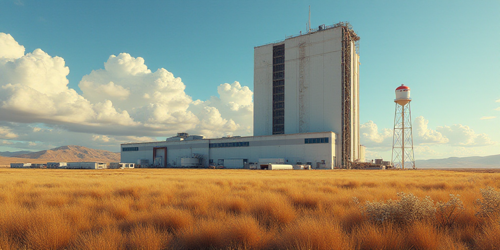 a spacex building with a large water tower in the background and a large field of grass in front of
