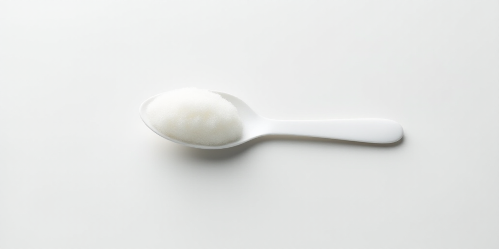 a spoon with a white substance on it sitting on a white surface with a white background and a white