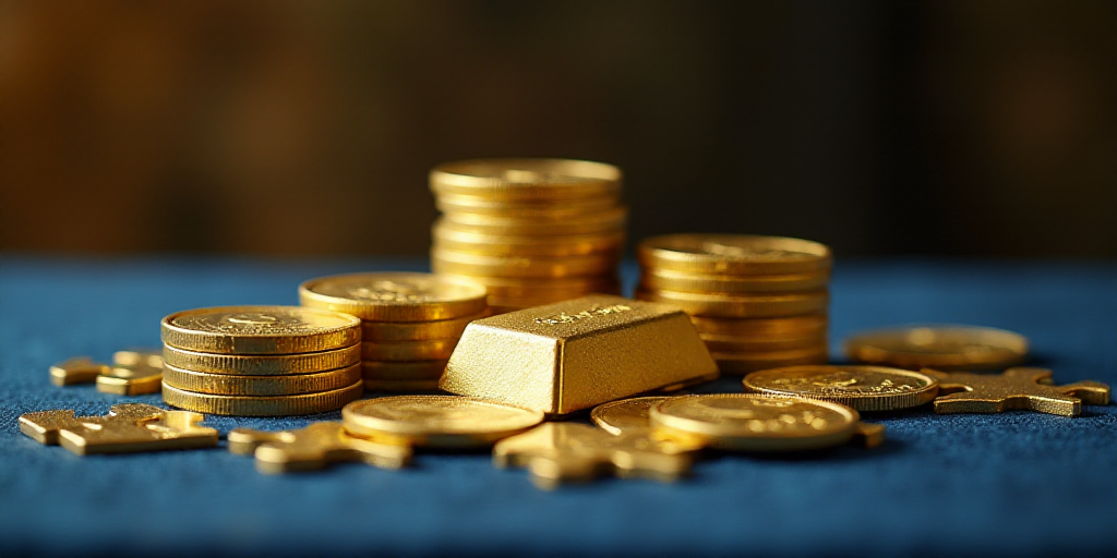 a stack of gold coins and a gold bar on a table with other gold coins around it and a blue table clo