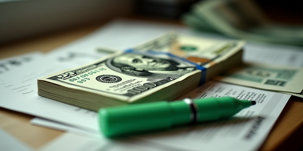 a stack of twenty dollar bills sitting on top of each other on a table with a green marker on it, Be