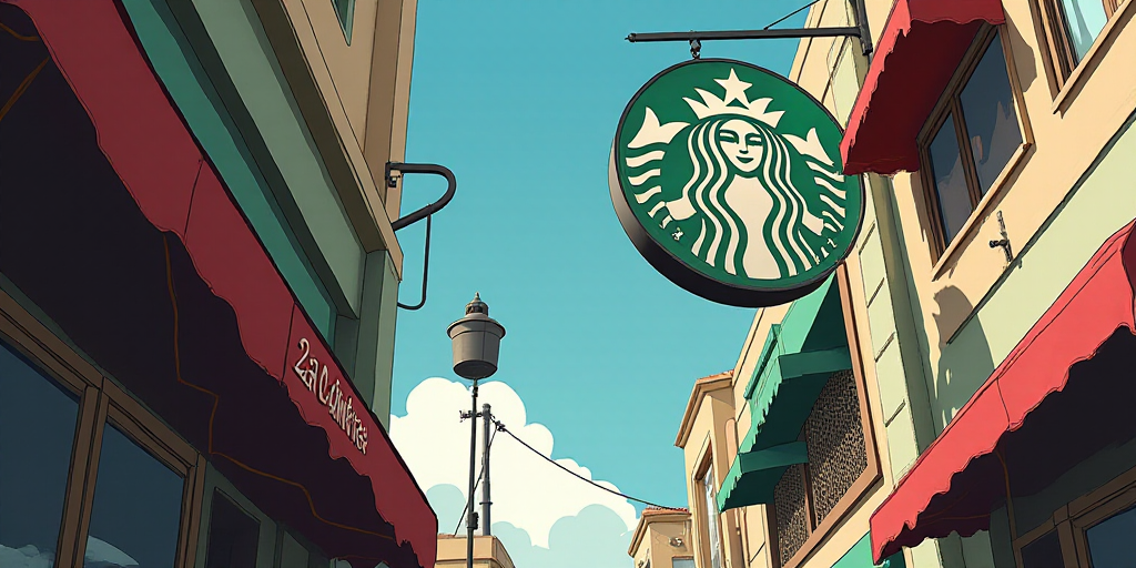 a starbucks sign hanging from the side of a building with a starbucks logo on it's side and a starbu