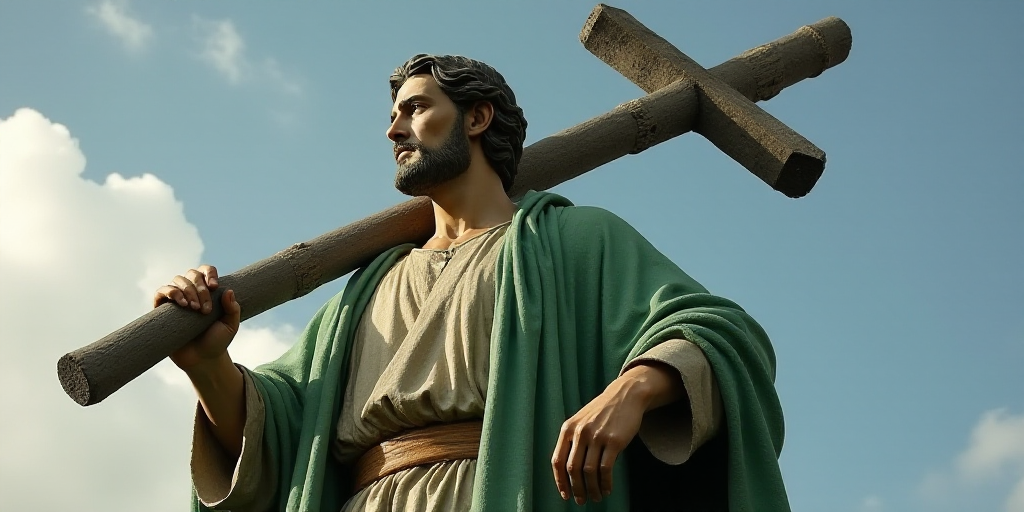 a statue of a man holding a cross and a stick in his hand with a green robe on it, Bernie D’Andrea