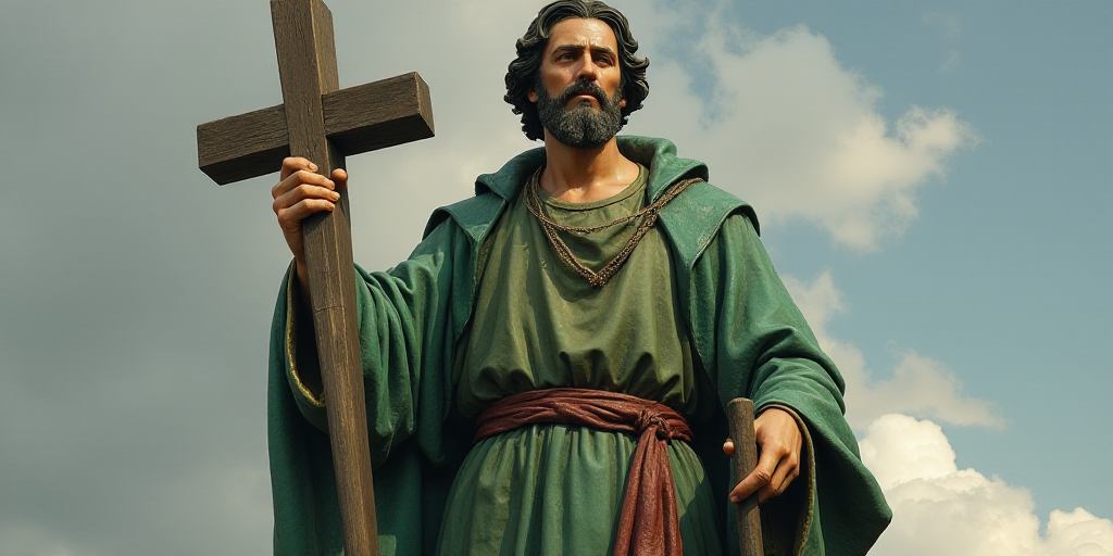 a statue of a man holding a cross and a stick in his hand with a green robe on it, Bernie D’Andrea
