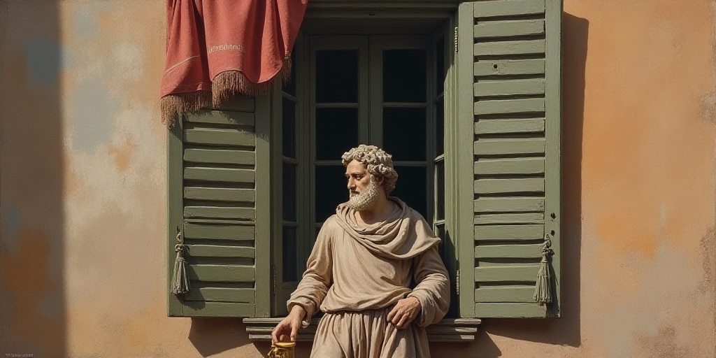 a statue of a man holding a tablet in front of a window with shutters open and a red and white banne