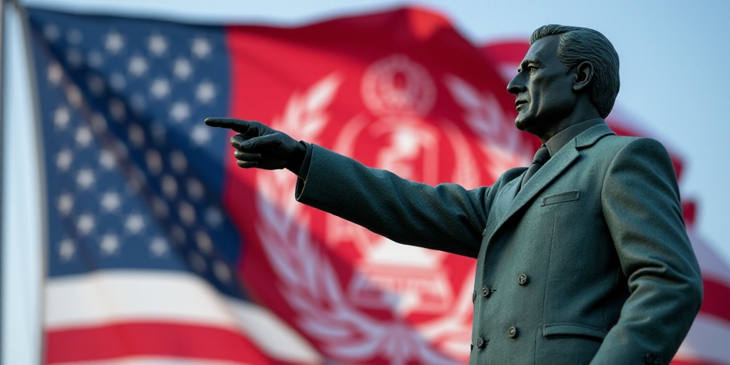 a statue of a man pointing at a flag of the united states and the afghan american flag in the backgr