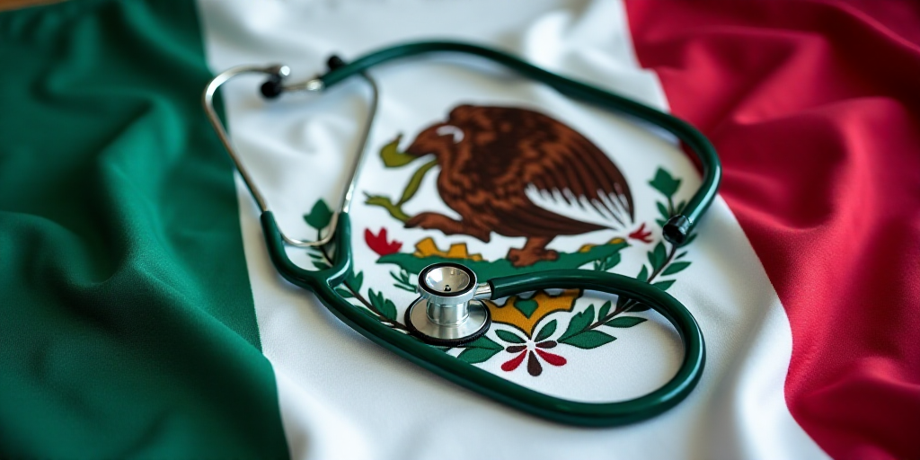 a stethoscope laying on top of a mexican flag blanket with a coat of arms on it, Aquirax Uno, photo