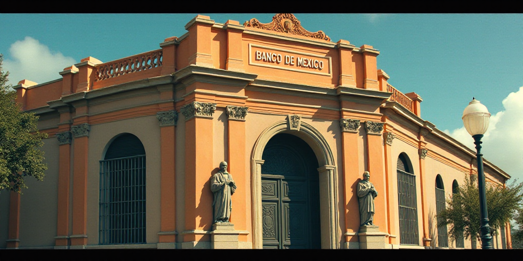 a street light in front of a building with statues on it's sides and a banco de mexico sign above it