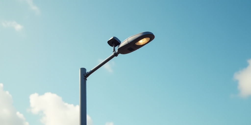 a street light with two lights attached to it's side and a sky background with clouds in the backgro