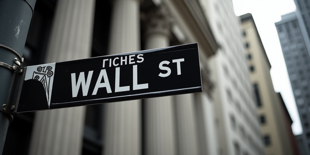 a street sign that is on the side of a building that says wall street and new york stock exchange, A