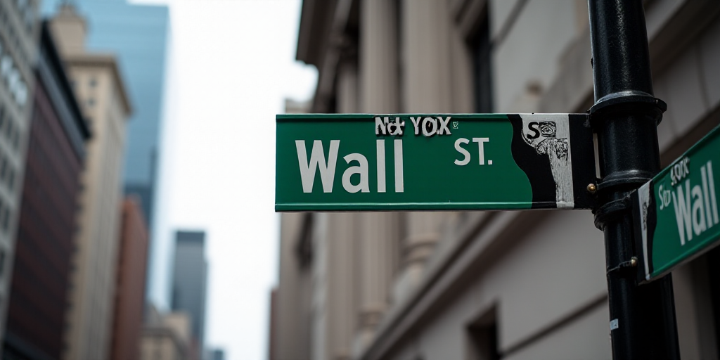 a street sign that is on the side of a building that says wall street and new york stock exchange, A