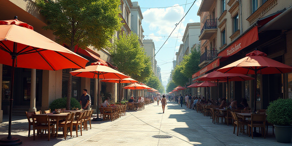 a street with tables and chairs and umbrellas on the side of it and people walking by the sidewalk,
