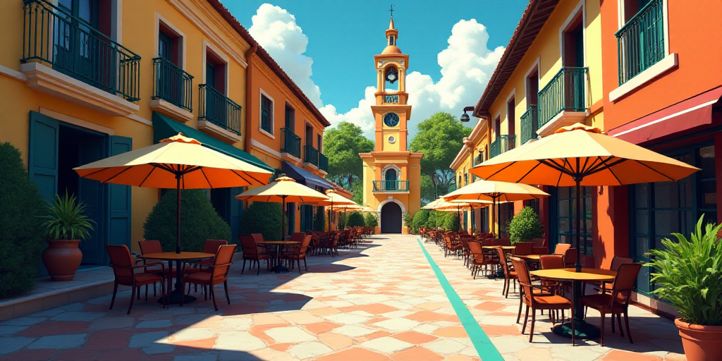 a street with tables and umbrellas on both sides of it and a building with a clock tower in the back