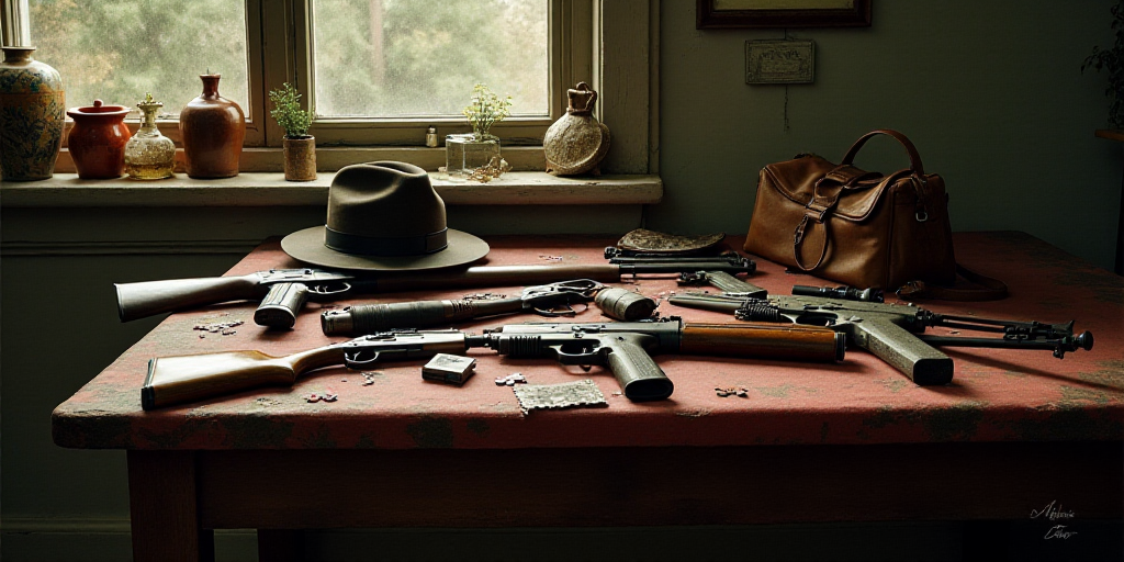 a table with a bunch of guns on it and a hat on top of it and a bag on the table, Andries Stock, rpg