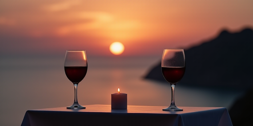 a table with two wine glasses and a candle on it with a view of the ocean in the background, Aya God