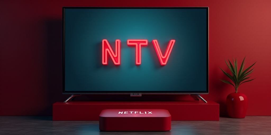 a television screen with the logo of the tv network on it and a red netflix box with the netflix log