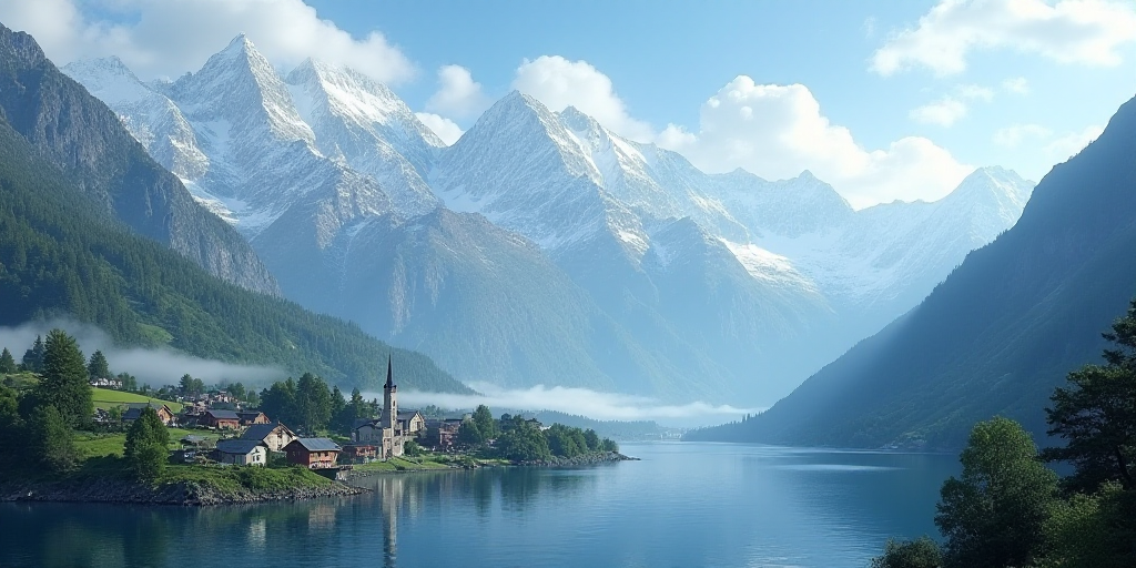 a town with a mountain range in the background and a body of water in the foreground with snow cappe