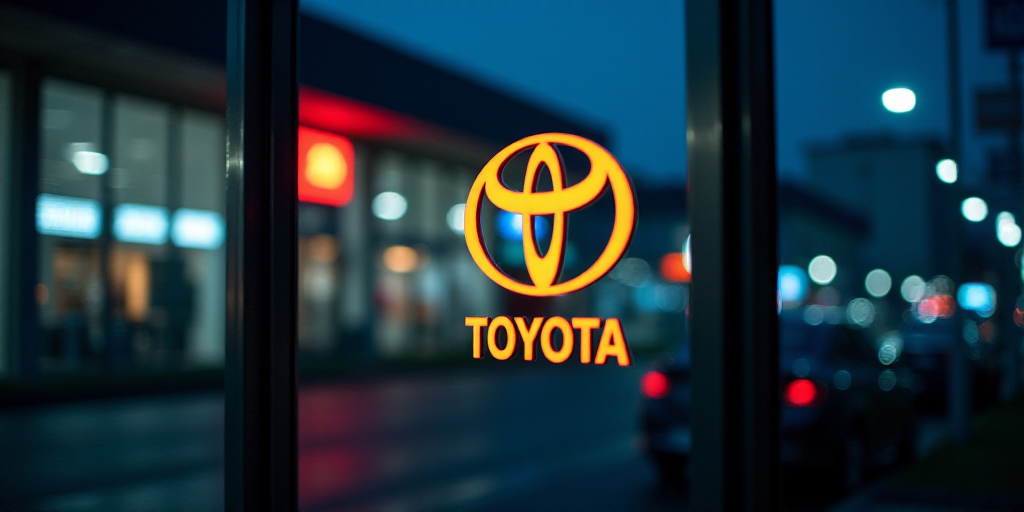 a toyota logo is shown on a glass door of a building at night time with a car in the background, Ai-